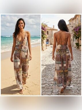 Free People Patchwork Wide Leg Jumpsuit Deep-V Open Back Flowy Bohemian Size 12